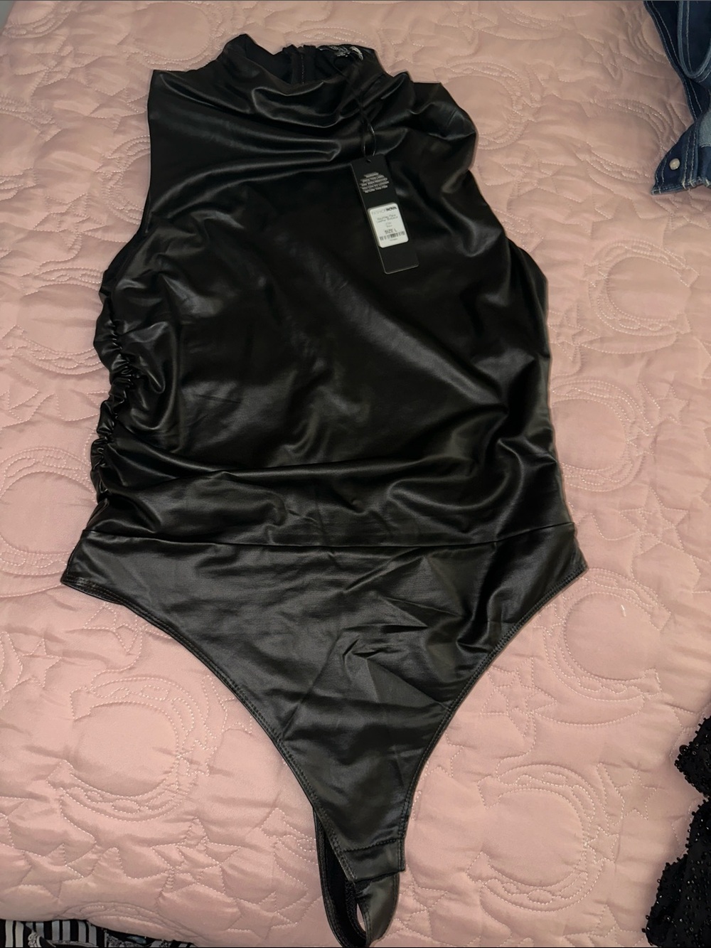 Fashion Nova Black Faux-Leather One-Piece Bodysuit